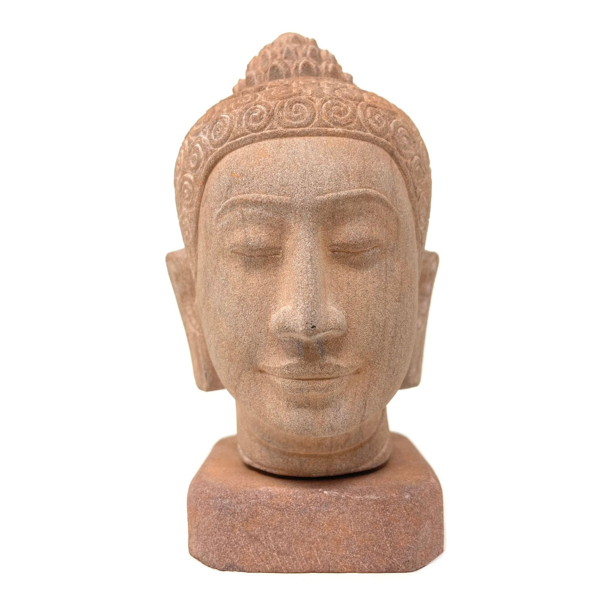 Hand-Carved Cambodian Pink Sandstone Buddha Head - 6.25" H X 3.5" W X 3.5" D