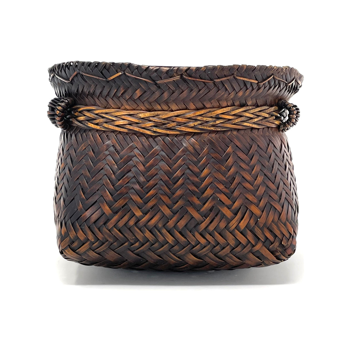 Intricately Woven Snail Basket Measuring 6.5 Inches Tall and 6 Inches in Diameter with Dark Brown Patina from the Philippines