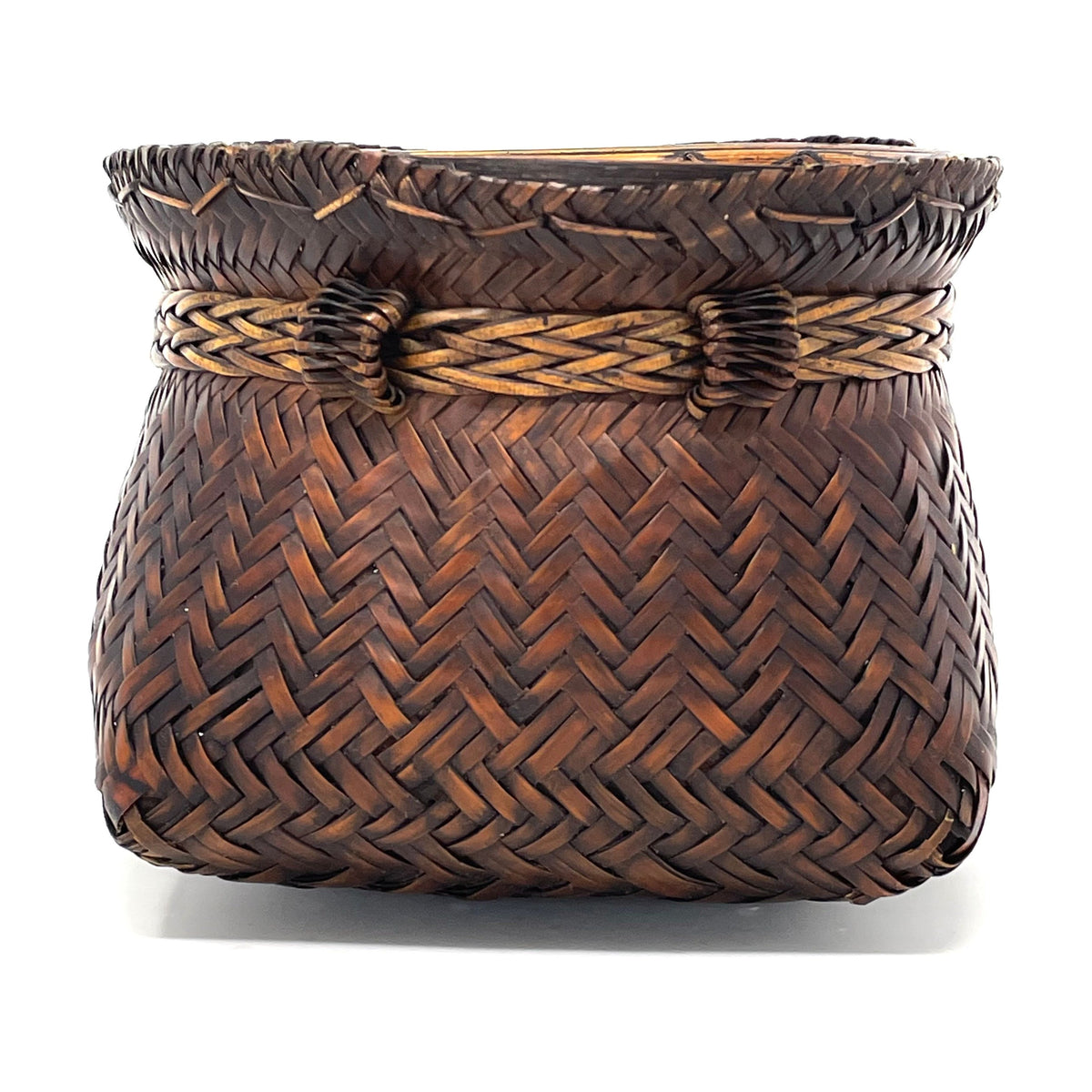 Intricately Woven Snail Basket Measuring 6.5 Inches Tall and 6 Inches in Diameter with Dark Brown Patina from the Philippines