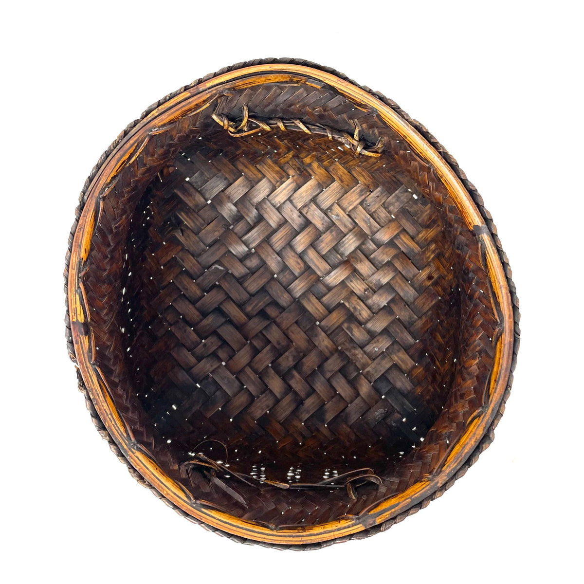 Intricately Woven Snail Basket Measuring 6.5 Inches Tall and 6 Inches in Diameter with Dark Brown Patina from the Philippines