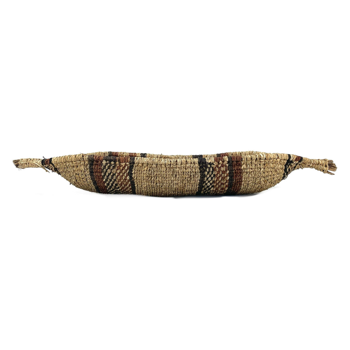 Ethiopian Gambela 'Canoe-Shaped' Basket with Brown and Black Stripes Measuring 21.25 Inches Long by 3.25 Inches Tall