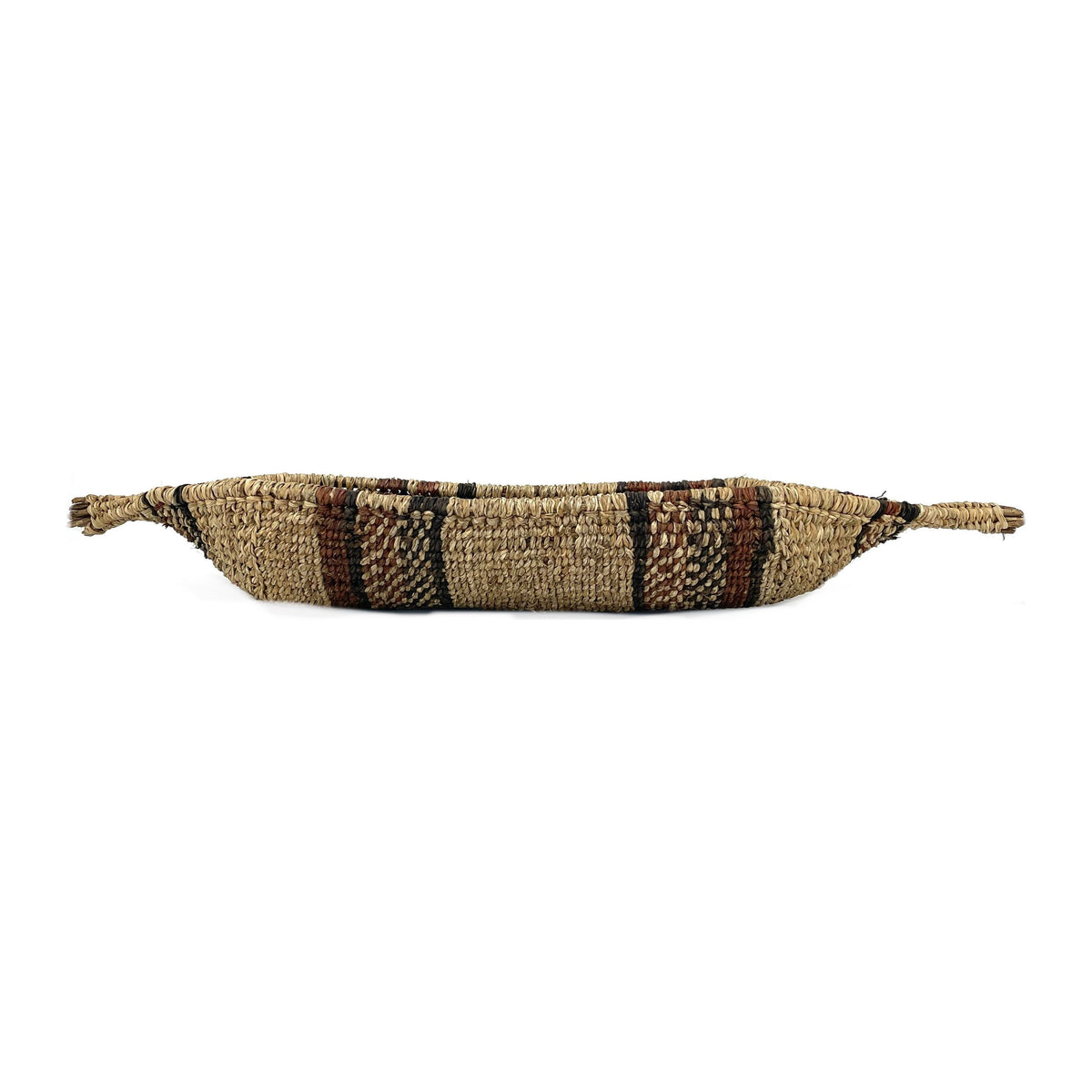 Ethiopian Gambela 'Canoe-Shaped' Basket with Brown and Black Stripes Measuring 21.25 Inches Long by 3.25 Inches Tall