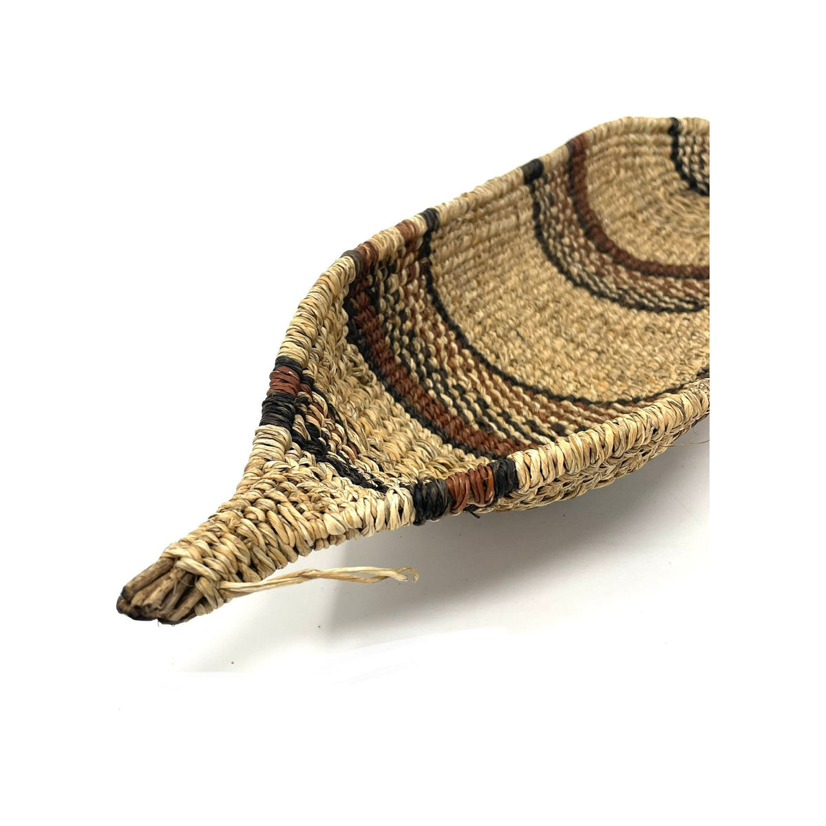 Ethiopian Gambela 'Canoe-Shaped' Basket with Brown and Black Stripes Measuring 21.25 Inches Long by 3.25 Inches Tall