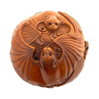 Chinese Netsuke-Style Hand-Carved Boxwood Sphere of Bats with Acrylic Stand - 3" Diam. X 6" H