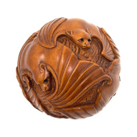 Chinese Netsuke-Style Hand-Carved Boxwood Sphere of Bats with Acrylic Stand - 3" Diam. X 6" H