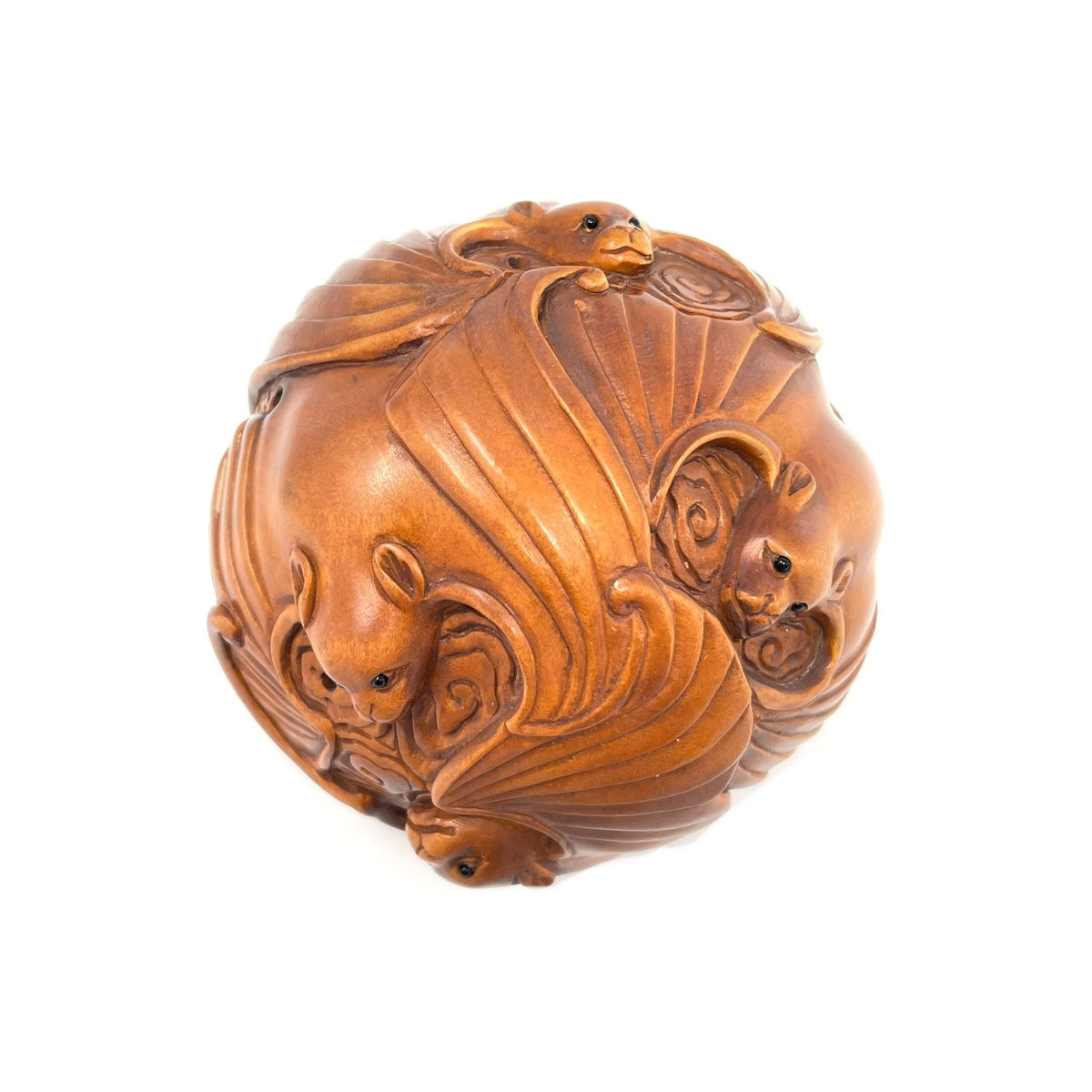 Chinese Netsuke-Style Hand-Carved Boxwood Sphere of Bats with Acrylic Stand - 3" Diam. X 6" H