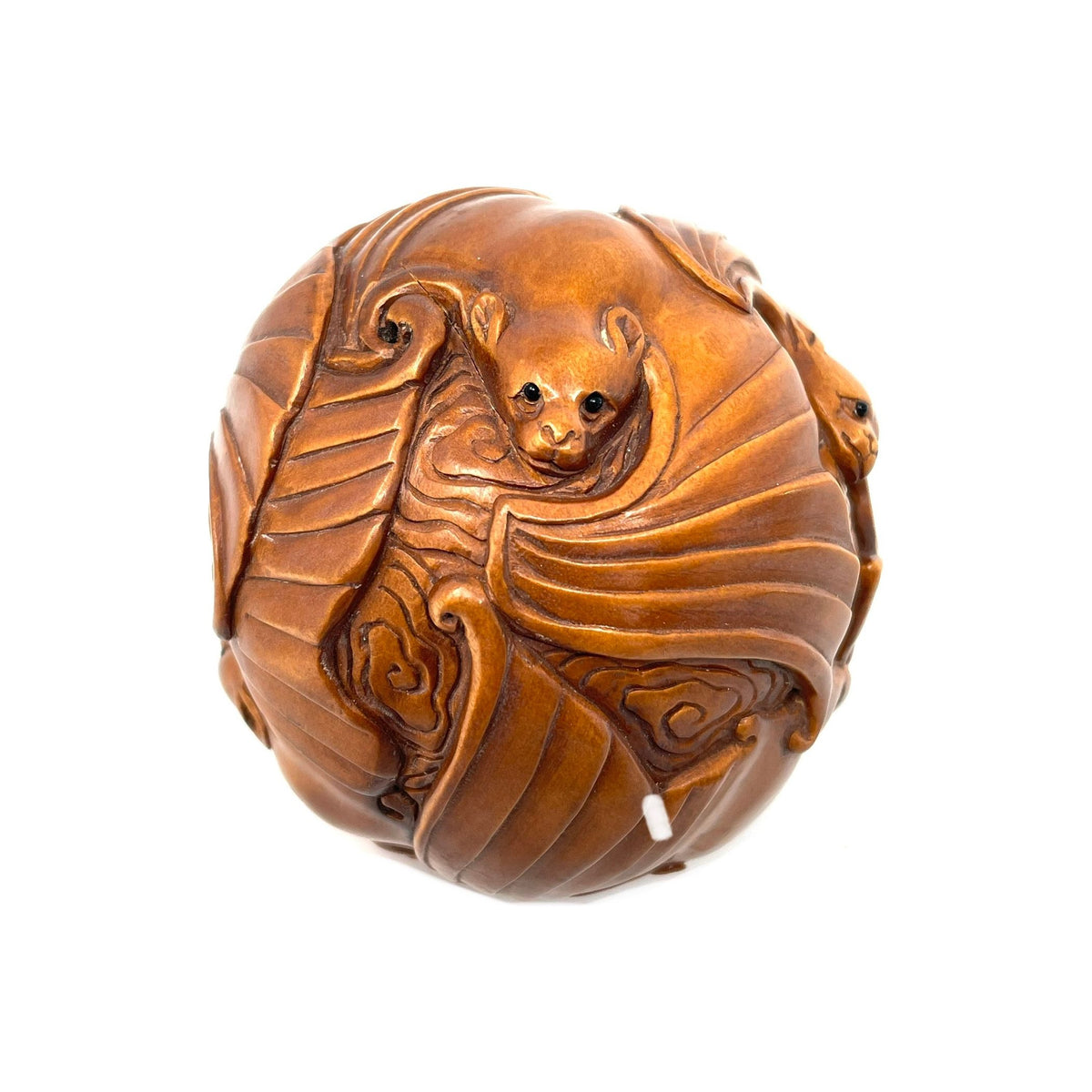 Chinese Netsuke-Style Hand-Carved Boxwood Sphere of Bats with Acrylic Stand - 3" Diam. X 6" H