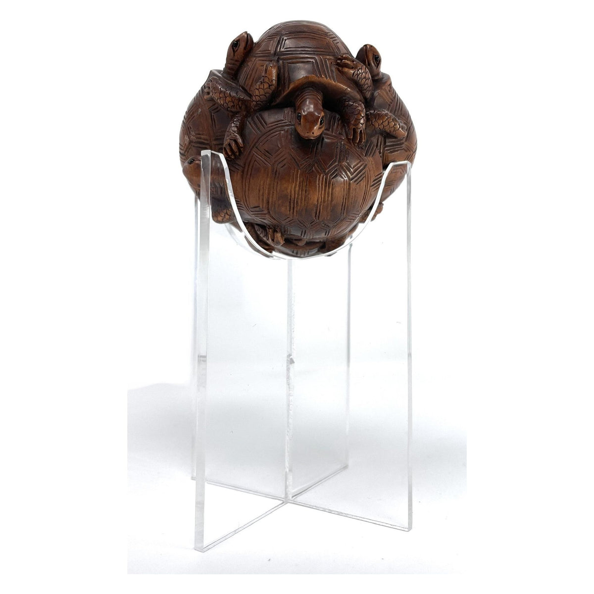 Chinese Netsuke-Style Hand-Carved Boxwood Sphere of Turtles with Acrylic Stand - 3" Diam. X 6" H