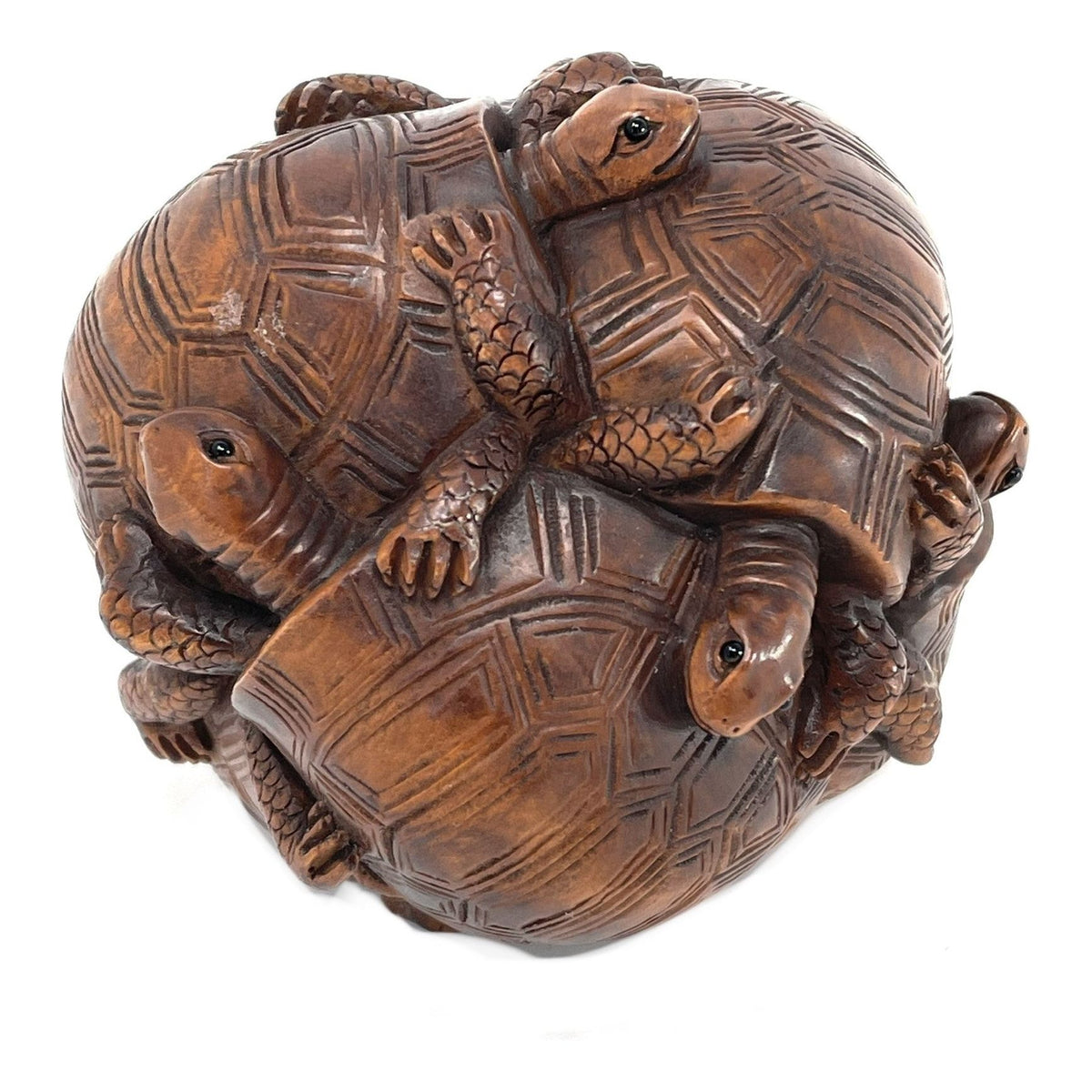 Chinese Netsuke-Style Hand-Carved Boxwood Sphere of Turtles with Acrylic Stand - 3" Diam. X 6" H