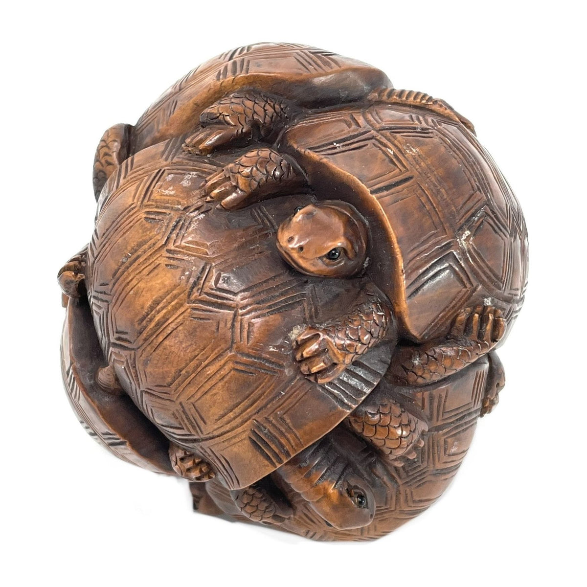 Chinese Netsuke-Style Hand-Carved Boxwood Sphere of Turtles with Acrylic Stand - 3" Diam. X 6" H