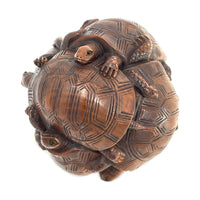 Chinese Netsuke-Style Hand-Carved Boxwood Sphere of Turtles with Acrylic Stand - 3" Diam. X 6" H