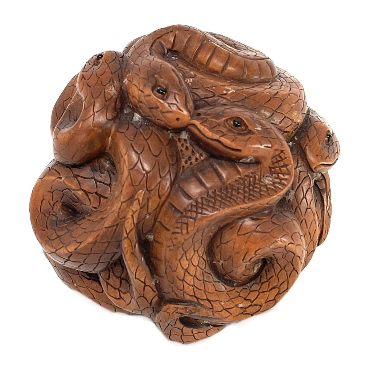 Chinese Netsuke-Style Hand-Carved Boxwood Sphere of Snakes with Acrylic Stand - 3" Diam. X 6" H