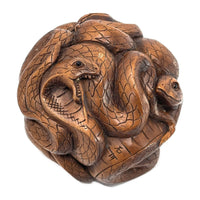 Chinese Netsuke-Style Hand-Carved Boxwood Sphere of Snakes with Acrylic Stand - 3" Diam. X 6" H