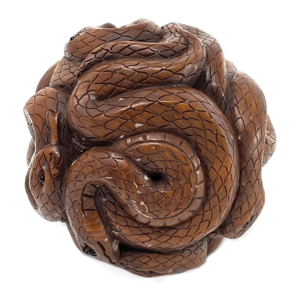 Chinese Netsuke-Style Hand-Carved Boxwood Sphere of Snakes with Acrylic Stand - 3" Diam. X 6" H