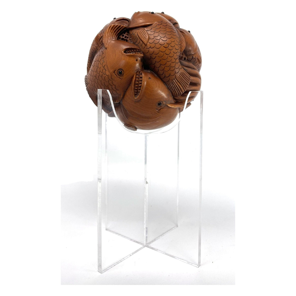 Chinese Netsuke-Style Hand-Carved Boxwood Sphere of Fish/Ocean Life with Acrylic Stand - 3" Diam. X 6' H