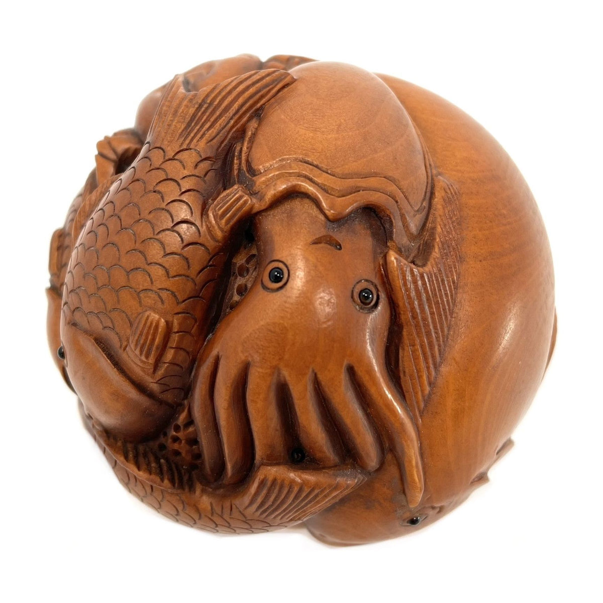 Chinese Netsuke-Style Hand-Carved Boxwood Sphere of Fish/Ocean Life with Acrylic Stand - 3" Diam. X 6' H