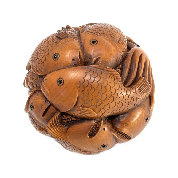 Chinese Netsuke-Style Hand-Carved Boxwood Sphere of Fish/Ocean Life with Acrylic Stand - 3" Diam. X 6' H