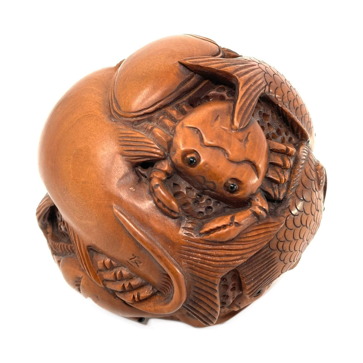 Chinese Netsuke-Style Hand-Carved Boxwood Sphere of Fish/Ocean Life with Acrylic Stand - 3" Diam. X 6' H