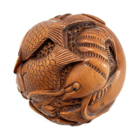 Chinese Netsuke-Style Hand-Carved Boxwood Sphere of Fish/Ocean Life with Acrylic Stand - 3" Diam. X 6' H