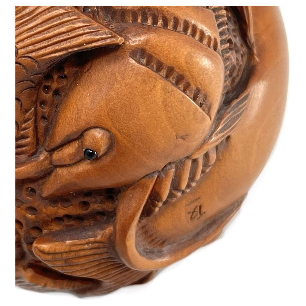 Chinese Netsuke-Style Hand-Carved Boxwood Sphere of Fish/Ocean Life with Acrylic Stand - 3" Diam. X 6' H