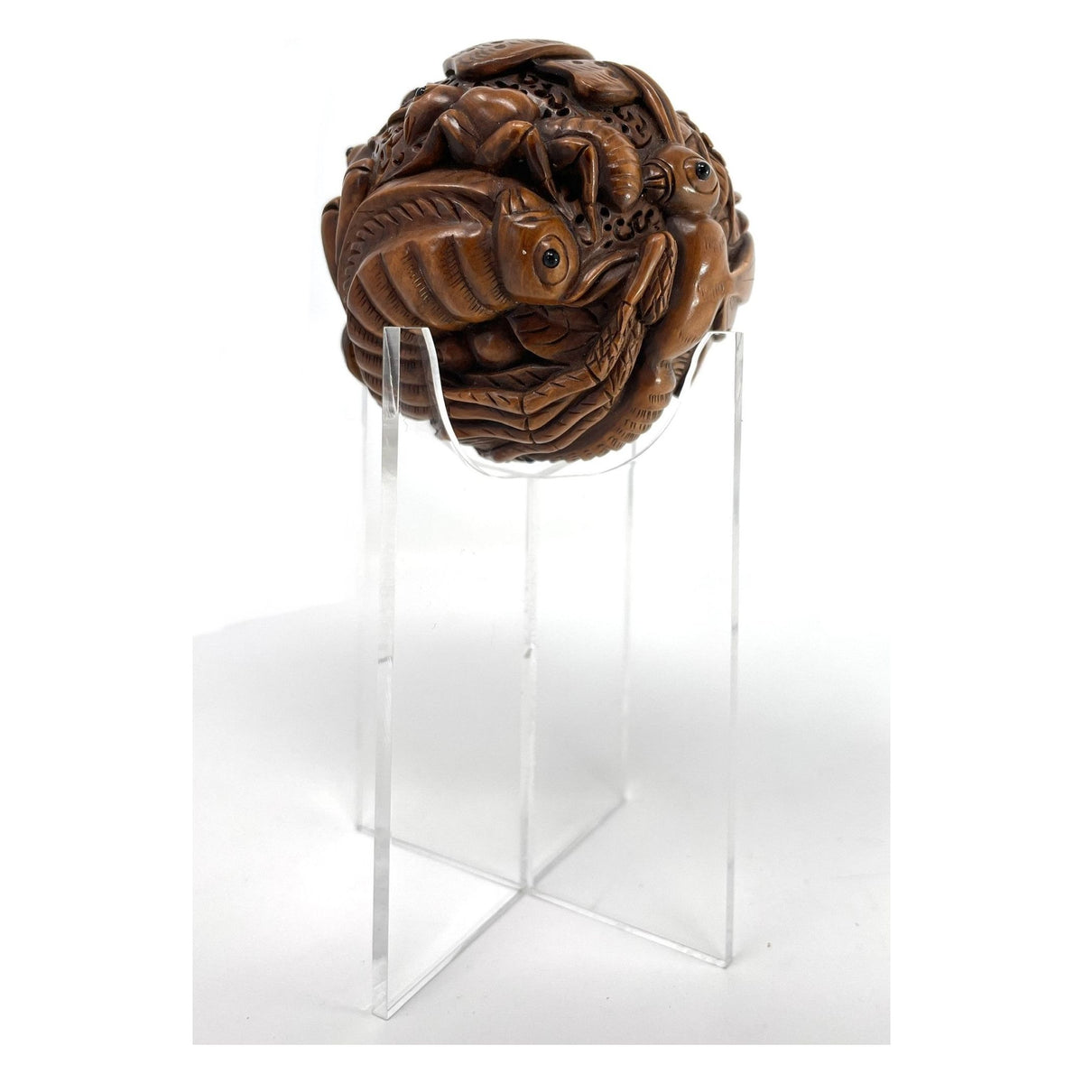 Chinese Netsuke-Style Hand-Carved Boxwood Sphere of Insects with Acrylic Stand - 3" Diam. X 6" H