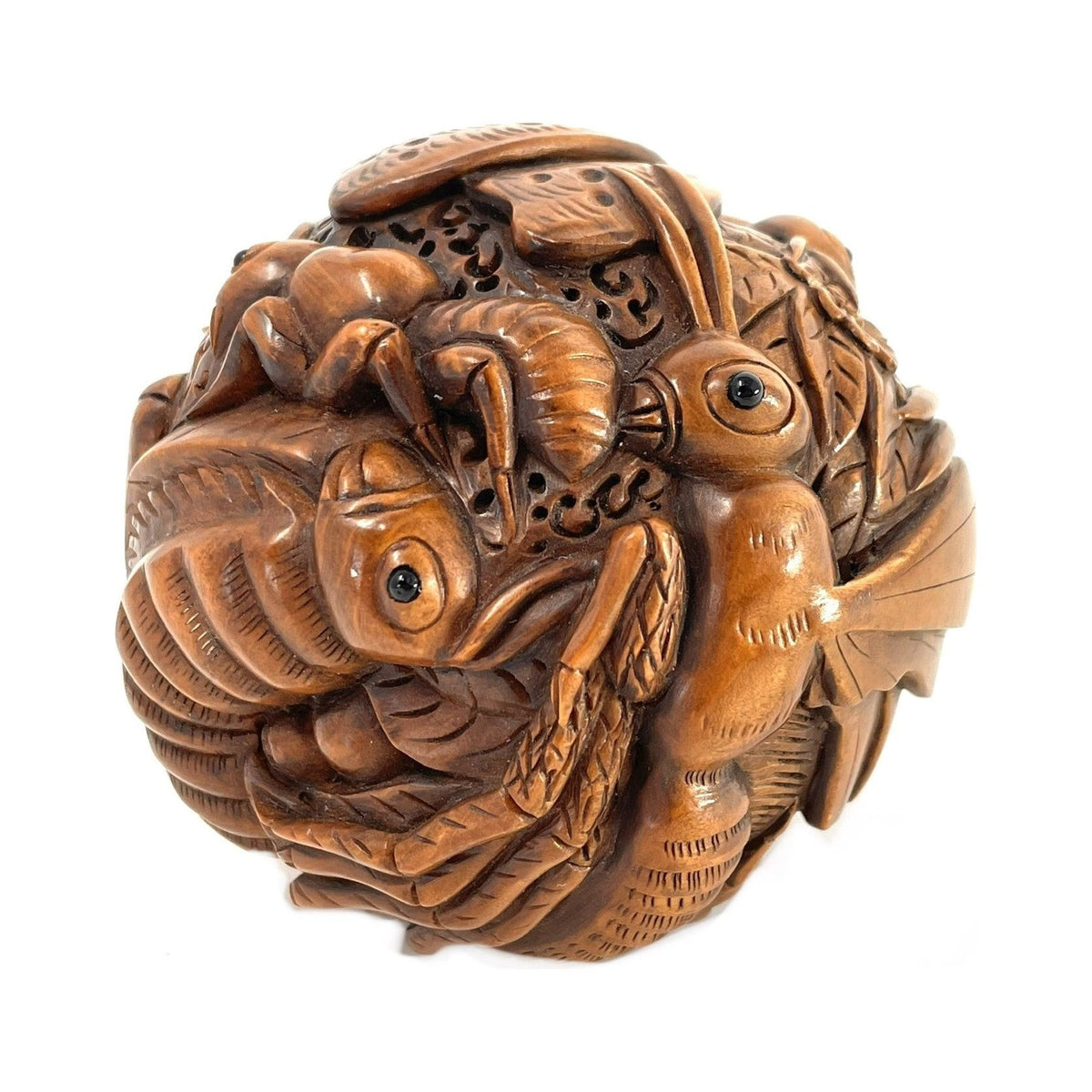 Chinese Netsuke-Style Hand-Carved Boxwood Sphere of Insects with Acrylic Stand - 3" Diam. X 6" H