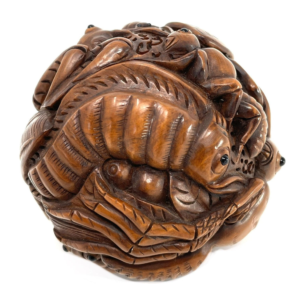 Chinese Netsuke-Style Hand-Carved Boxwood Sphere of Insects with Acrylic Stand - 3" Diam. X 6" H