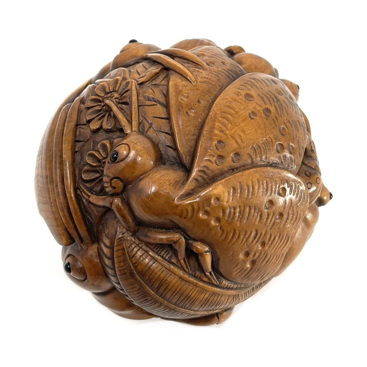 Chinese Netsuke-Style Hand-Carved Boxwood Sphere of Insects with Acrylic Stand - 3" Diam. X 6" H