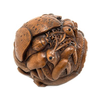 Chinese Netsuke-Style Hand-Carved Boxwood Sphere of Insects with Acrylic Stand - 3" Diam. X 6" H