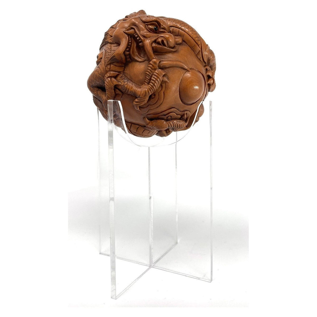 Chinese Netsuke-Style Hand-Carved Boxwood Sphere of Dragons with Acrylic Stand - 3" Diam. X 6" H