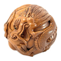 Chinese Netsuke-Style Hand-Carved Boxwood Sphere of Dragons with Acrylic Stand - 3" Diam. X 6" H