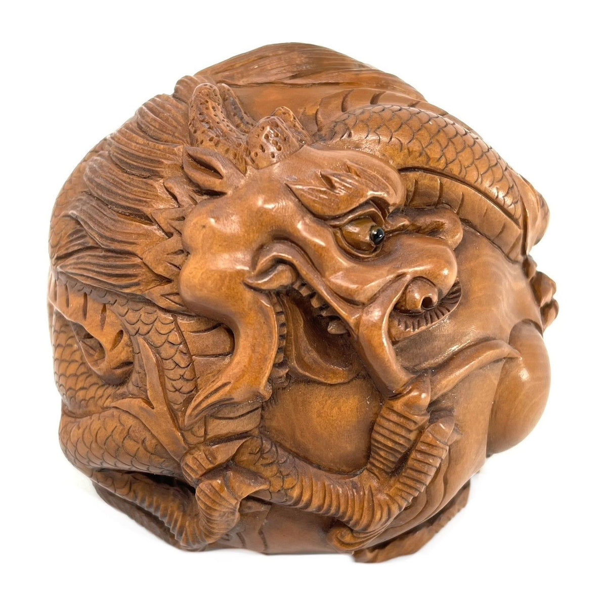 Chinese Netsuke-Style Hand-Carved Boxwood Sphere of Dragons with Acrylic Stand - 3" Diam. X 6" H