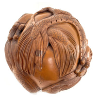 Chinese Netsuke-Style Hand-Carved Boxwood Sphere of Dragons with Acrylic Stand - 3" Diam. X 6" H