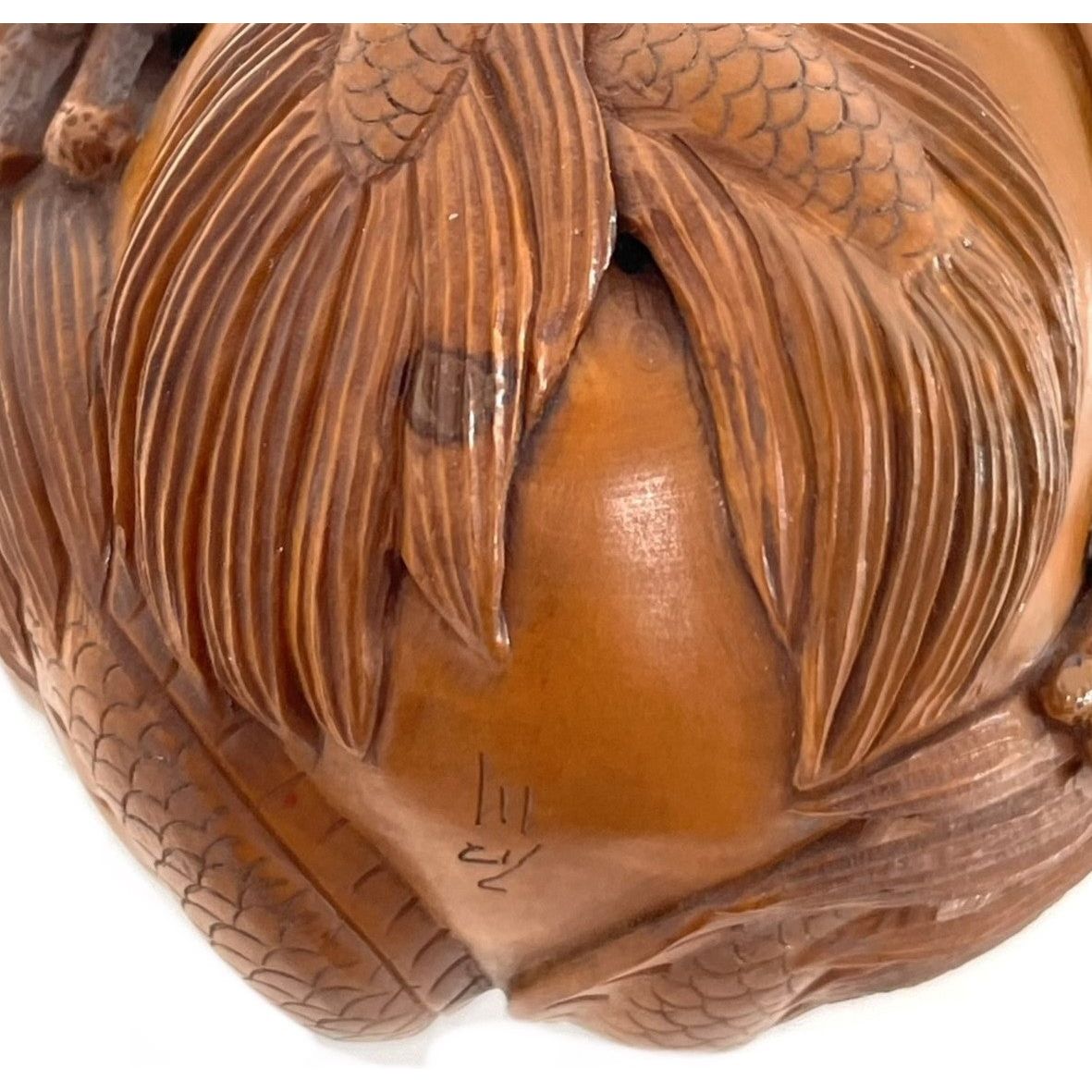 Chinese Netsuke-Style Hand-Carved Boxwood Sphere of Dragons with Acrylic Stand - 3" Diam. X 6" H