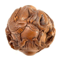 Chinese Netsuke-Style Hand-Carved Boxwood Sphere of Dragons with Acrylic Stand - 3" Diam. X 6" H