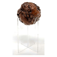 Chinese Netsuke-Style Hand-Carved Boxwood Sphere of Horses with Acrylic Stand - 3" Diam. X 6" H