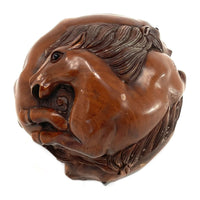 Chinese Netsuke-Style Hand-Carved Boxwood Sphere of Horses with Acrylic Stand - 3" Diam. X 6" H