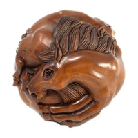 Chinese Netsuke-Style Hand-Carved Boxwood Sphere of Horses with Acrylic Stand - 3" Diam. X 6" H