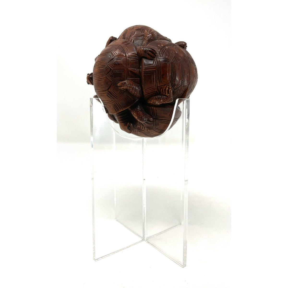 Chinese Netsuke-Style Hand-Carved Boxwood Sphere of Turtles with Acrylic Stand - 3" Diam. X 6" H