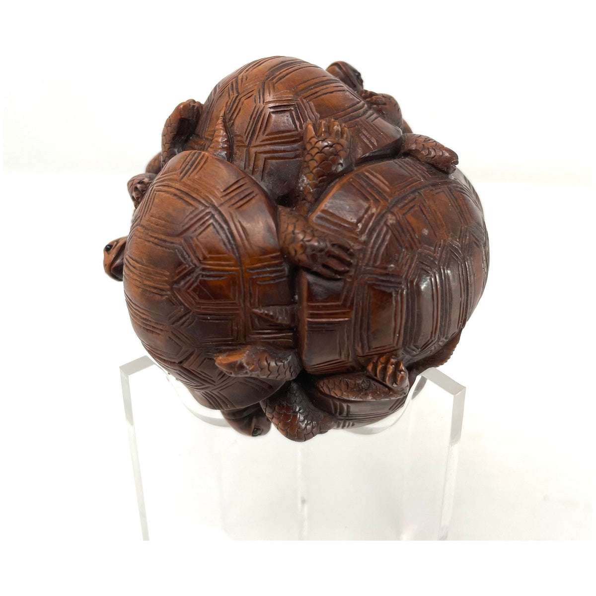 Chinese Netsuke-Style Hand-Carved Boxwood Sphere of Turtles with Acrylic Stand - 3" Diam. X 6" H