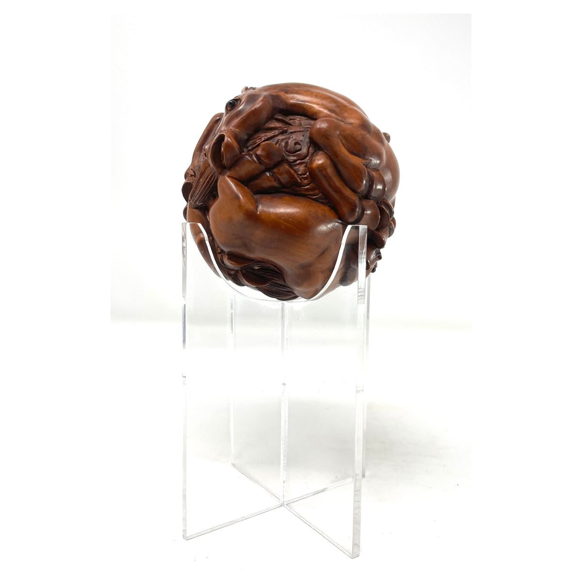 Chinese Netsuke-Style Hand-Carved Boxwood Sphere of Horses with Acrylic Stand - 3" Diam. X 6" H