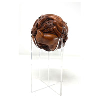 Chinese Netsuke-Style Hand-Carved Boxwood Sphere of Horses with Acrylic Stand - 3" Diam. X 6" H