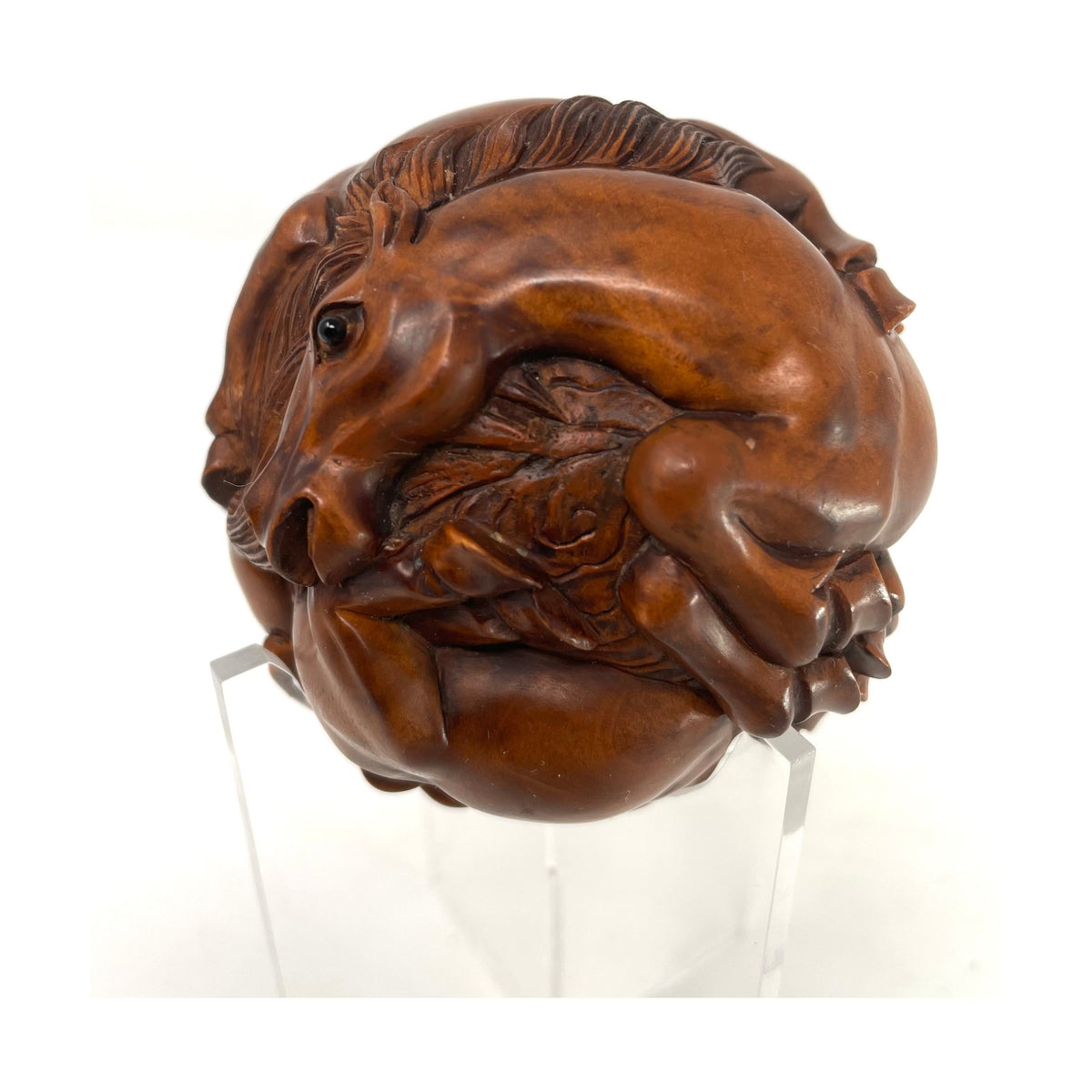 Chinese Netsuke-Style Hand-Carved Boxwood Sphere of Horses with Acrylic Stand - 3" Diam. X 6" H