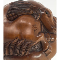 Chinese Netsuke-Style Hand-Carved Boxwood Sphere of Horses with Acrylic Stand - 3" Diam. X 6" H