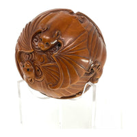 Chinese Netsuke-Style Hand-Carved Boxwood Sphere of Bats with Acrylic Stand - 3" Diam. X 6" H