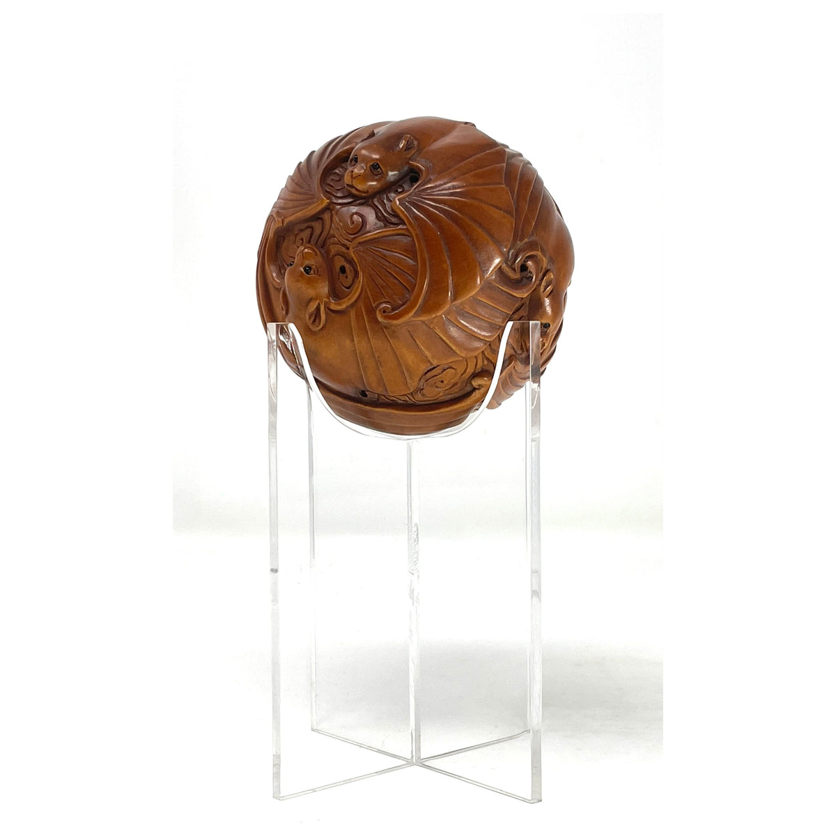 Chinese Netsuke-Style Hand-Carved Boxwood Sphere of Bats with Acrylic Stand - 3" Diam. X 6" H