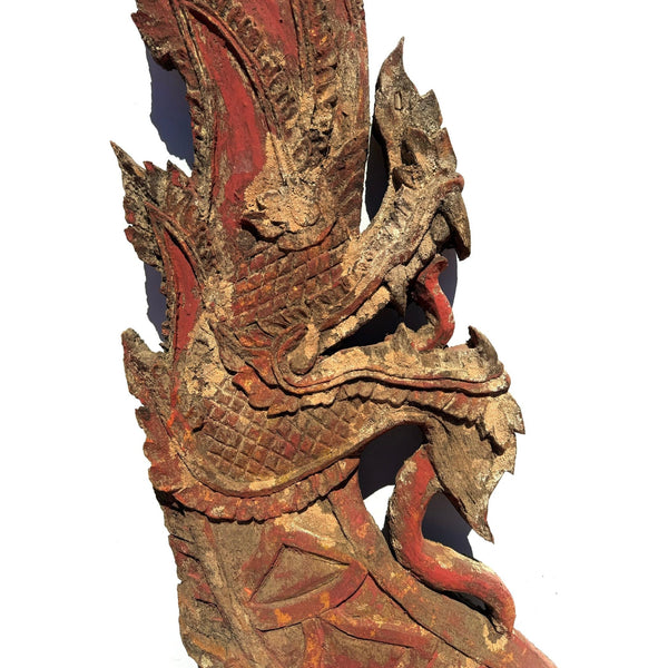 Monumental 19th Century Thai Wooden Temple Dragon with Reddish/Natural Coloration - 8.2' L X 3.75' H X 4" D