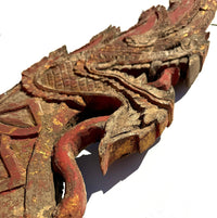 Monumental 19th Century Thai Wooden Temple Dragon with Reddish/Natural Coloration - 8.2' L X 3.75' H X 4" D