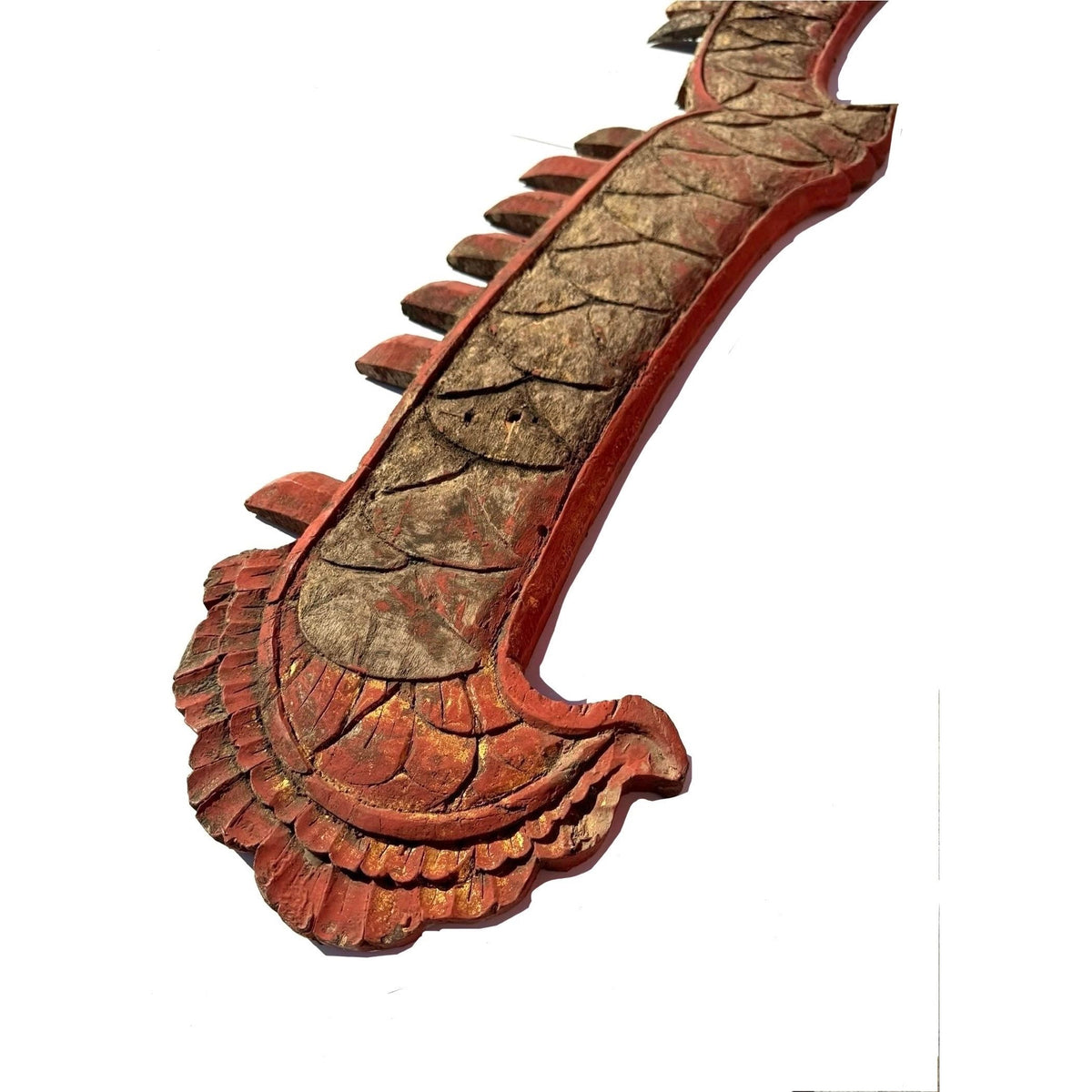 Monumental 19th Century Thai Wooden Temple Dragon with Reddish/Natural Coloration - 8.5' L X 4' H X 2.5" D