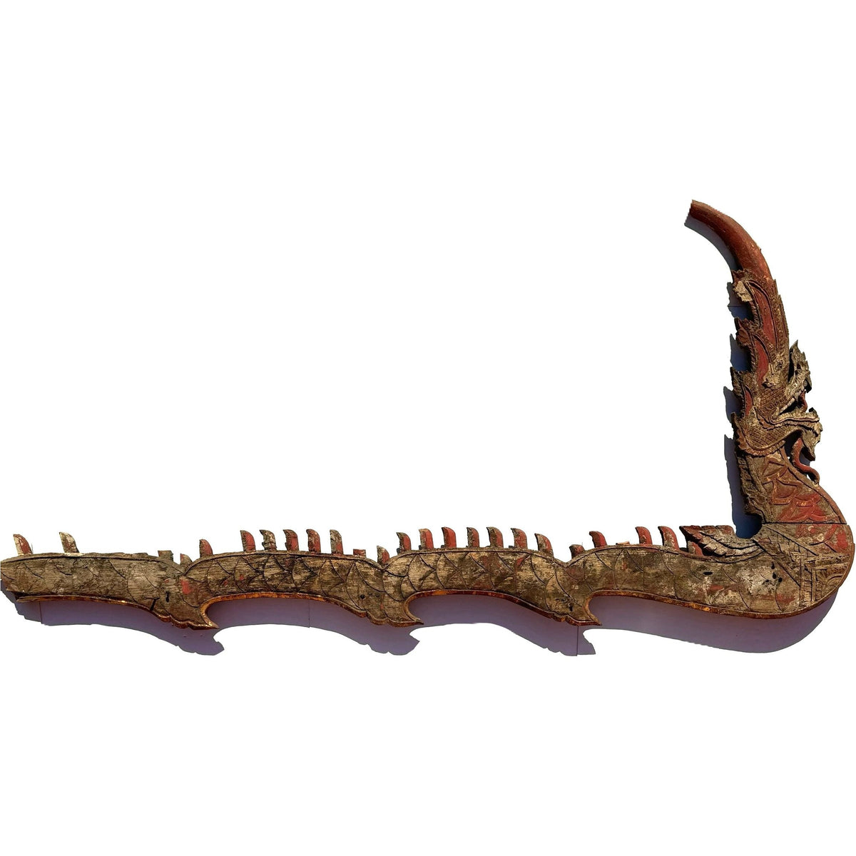 Monumental 19th Century Thai Wooden Temple Dragon with Reddish/Natural Coloration - 8.2' L X 3.75' H X 4" D